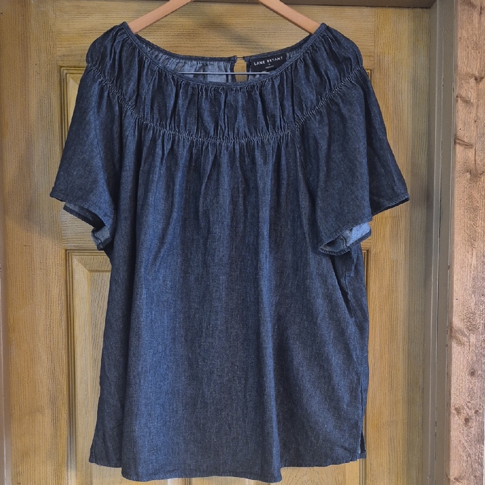Lane Bryant Short Sleeve Blouse With Scoop Gathered Detail Neckline Dark Blue 18